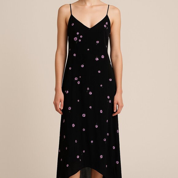 Equipment‎ Femme Womens Slip Dress L Black Floral Print Maxi High Low Elegant - Picture 1 of 12